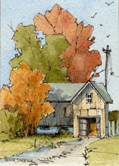 a watercolor painting of a house with trees in the background