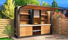 an outdoor kitchen with wood cabinets and shelves