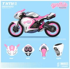 the pink and white motorcycle is on display