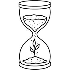 an hourglass filled with sand and a plant growing out of the bottom one side