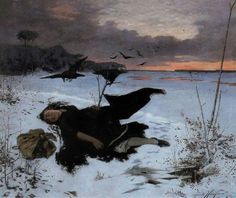 a painting of two people in the snow with birds flying over them and one person laying on the ground