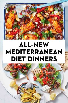 an open box filled with different types of food and the words all - new mediterranean diet dinners