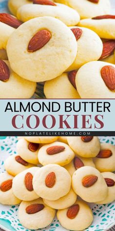 almond butter cookies on a plate with the words almond butter cookies overlaying them