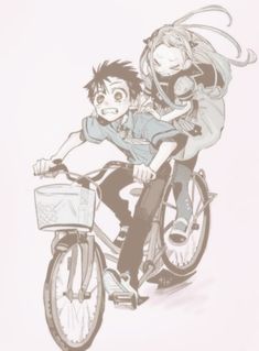 two people riding on the back of a bike with an anime character in the background