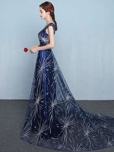 Constellation Dress Dark Navy Evening Dress 2021 Sexy A Line Scoop Neck Sequin Star Tulle Formal Party Dresses With Train Navy Evening Dress, Constellation Dress, Dresses With Train, Navy Evening Dresses, Formal Party Dresses, Bridesmaid Dresses Boho, Robes D'occasion, Boho Wedding Dress Lace, Prom Dresses Two Piece