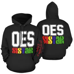 a black hoodie with the words oes star on it and an image of a rainbow