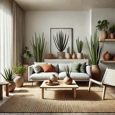 a living room filled with lots of plants and furniture