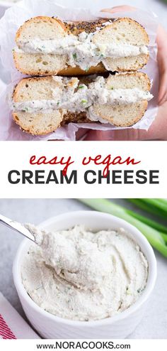 two images with the words easy vegan cream cheese on them and an image of a sandwich cut in half