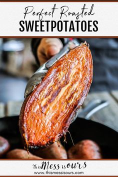 a person is frying some food in a skillet with the words sweet potatoes on it