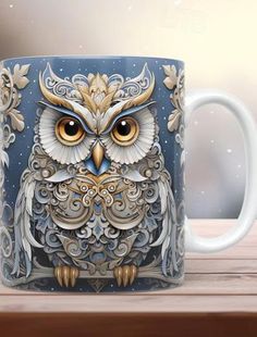 a coffee mug with an owl design on it