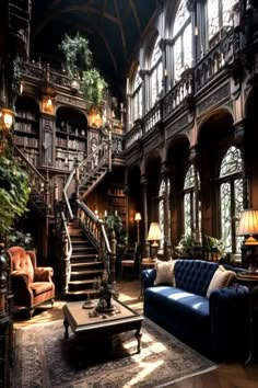 a living room filled with lots of furniture next to a spiral stair case covered in books