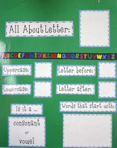 a green bulletin board with words and pictures on the front, all about letters written in different languages