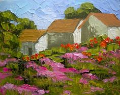 a painting of some houses and flowers in the grass