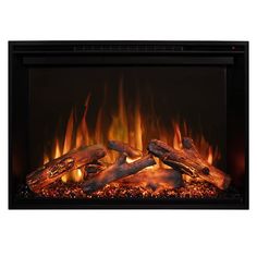 an electric fireplace with logs and flames