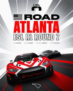 an advertisement for the road atlanta event, featuring two race cars in red and white stripes