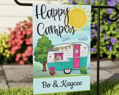 a sign that says happy campers, bo & jayce on it in front of some flowers