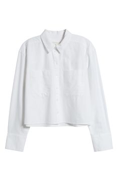 The classic Oxford button-up gets a comfortable refresh with a boxy, slightly oversized silhouette cut from cool, breathable cotton. 21 1/2" length (size Medium) Front button closure Spread collar Long sleeves with button cuffs Chest patch pockets 100% cotton Machine wash, tumble dry Imported Classic Cropped Button-up Shirt With Button Cuffs, Classic Cropped Shirt With Pockets For Work, Oversized Cotton Shirt In Effortless Style, White Long Sleeve Cropped Shirt With Button Closure, Classic Collared Cropped Shirt With Pockets, Trendy Cotton Shirt With Button Cuffs, Cotton Cropped Shirt With Button Cuffs For Spring, Unstructured Collared Tops For Spring, White Cotton Cropped Shirt With Button Closure