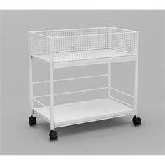 a white plastic cart with wheels and a basket on the top, in front of a gray background