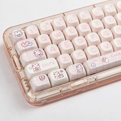 a clear plastic case with hello kitty keys on the front and back sides, sitting on a white surface