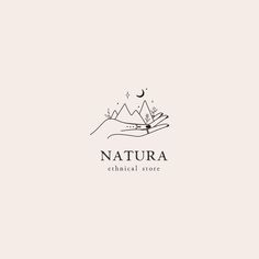 the logo for natural store with mountains and trees in black ink on a white background