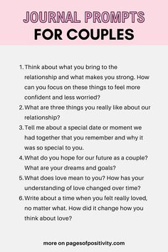 a pin that says in a large font Journal Prompts for Couples Discussion Prompts For Couples, Couple Reflection Questions, Love Letter Prompts For Husband, Journaling About Relationships, Couples Journaling Prompts, Couples Reflection Questions, Couple Journal Ideas Writing Prompts, How To Strengthen Relationship Couple