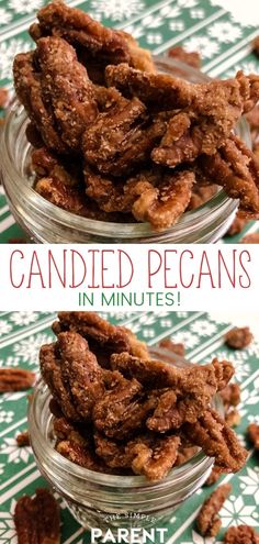 two glass bowls filled with candied pecans on top of a green and white table cloth