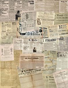 an old newspaper with many different types of paper on it, including newspapers and other papers