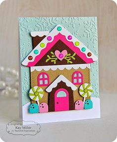 a handmade card with a gingerbread house on it's front and side