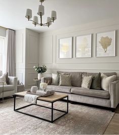 a living room with two couches, a coffee table and pictures on the wall