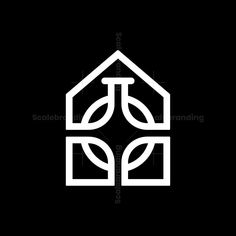 a black and white logo with leaves in the shape of a house on a black background