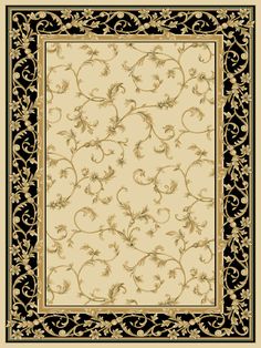 a beige and black area rug with an ornate design on the bottom, in front of a