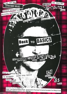 the back to basics concert poster is shown in black and red with words on it