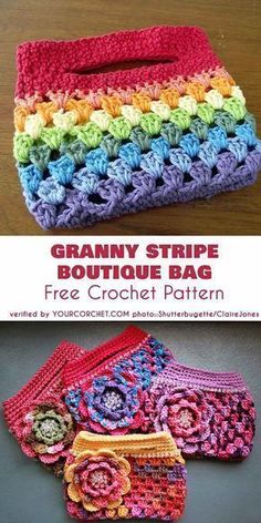 a crocheted purse with the text granny stripe boutique bag free crochet pattern