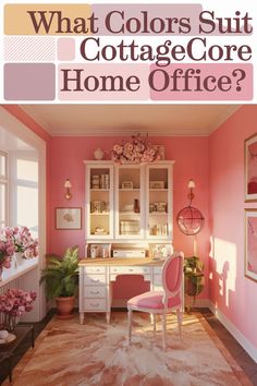 a pink room with white furniture and flowers on the wall, and text that reads what colors suit cottage / core home office?