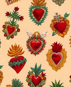 an image of many different designs on a white background with red and green hearts, leaves, and flowers