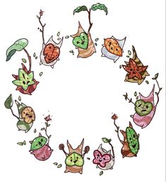 an image of a group of cartoon characters in the shape of a circle with leaves