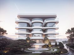 an artist's rendering of a modern building with circular balconies and trees