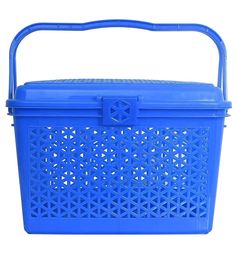 a blue plastic basket on a white background