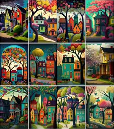 many different houses are depicted in this painting