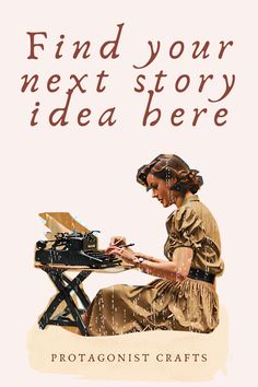 a woman sitting on top of a wooden chair next to an old fashioned typewriter