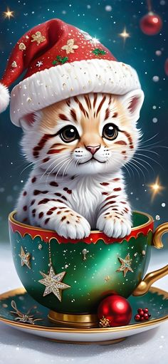 a painting of a kitten in a teacup with christmas decorations on the rim, wearing a santa hat