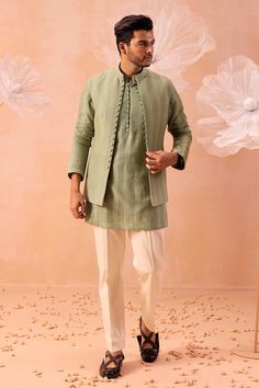 Buy Green Georgette Hand Embroidered Dori Nehru Jacket And Kurta Set For Men by Contrast By Parth Online at Aza Fashions. Wedding Men Outfit Indian, Sagai Outfit For Men, Sagai Outfit, Traditional Outfit Men, Plus Size Men Suits Wedding, Mehndi Kurta For Men, Open Jacket Kurta Men, Kurta Waistcoat Men, Nehru Jacket For Men Wedding