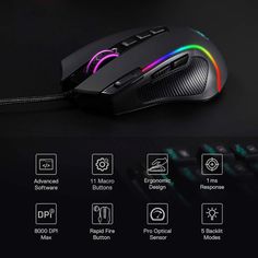 an image of a gaming mouse with different colors on the front and back side, along with additional accessories