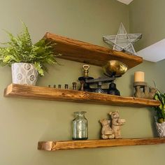 two wooden shelves with plants and other items on them