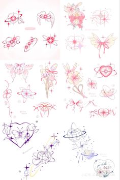 some pink and white drawings with hearts, flowers and stars on them in different colors