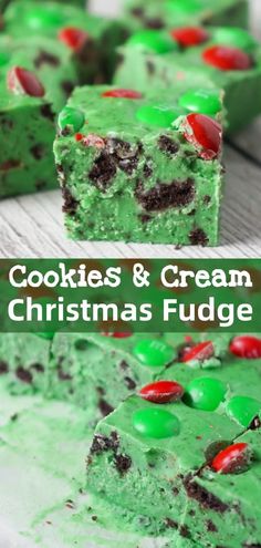 cookies and cream christmas fudge cake with green frosting, red and green candies