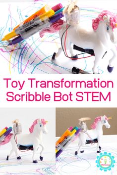 Unicorns and rainbows go together like peanut butter and jelly. Now you can add STEM to the mix by making a unicorn scribble bot that draws rainbows! Unicorn Poop Cookies, Make A Unicorn, Summer Preschool Activities, Steam Activity, Rainbow Toy, Unicorn Poop, Free Activities For Kids, Stem Activity, Unicorn Crafts