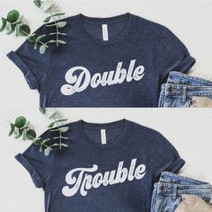 Double Trouble (Bella Canvas Unisex Tee) Show off your twin love with these hilarious matching shirts! Want a different color, send us a message! HOW TO ORDER: *Order the shirts one at a time (select size) and select saying and ADD TO CART. *Click on CART and purchase all the shirts together. Women's Unisex Tee: S - 2XL Runs a little bit large. Order down for true to size, or order normally for a longer and more relaxed tee. This tee style is super popular because it drapes, has extra length, bu Twin Shirt Ideas For School, Twin Shirt Ideas Best Friends, Matching Shirts For Twin Day, Funny Twin Shirts, Double Trouble Twin Shirts, Twin Girl Shirts Vinyl, Twin Clothes, Twin Tshirts, Twin Love