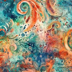 an abstract painting with colorful swirls and dots on blue, green, orange and white colors