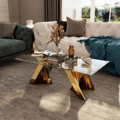 a living room filled with furniture and a glass table in front of a couch on top of a carpeted floor